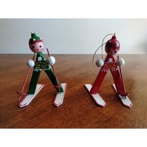 Lot of 2 Vintage Wooden Skiers Ornaments Green Red Missing Ski Pole Taiwan 3.5"